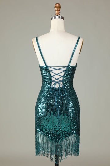 Sparkly Bodycon Spaghetti stropper Grønn Lace-Up Back Kort Homecoming kjole med perler